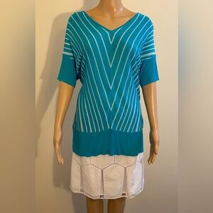 New York & Company Teal and White Striped V-Neck Short Sleeve Sweater